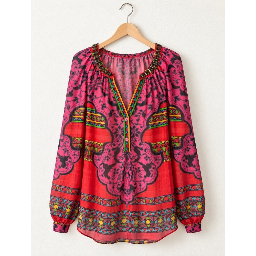 Hale Bob Blouse Women XS Pink Geometric Print Silk Beaded Long Sleeve Boho